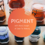 Jars of pigment on a shelf: pinks, reds, blues and greens.